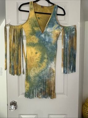 Tie-Dye Fringe Bodycon Dress in Yellow & Blue